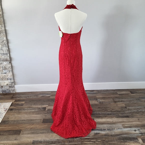 NWT Zum Zum By Niki Livas Red Mermaid Lace Halter Prom Gala Formal Gown - Picture 5 of 16